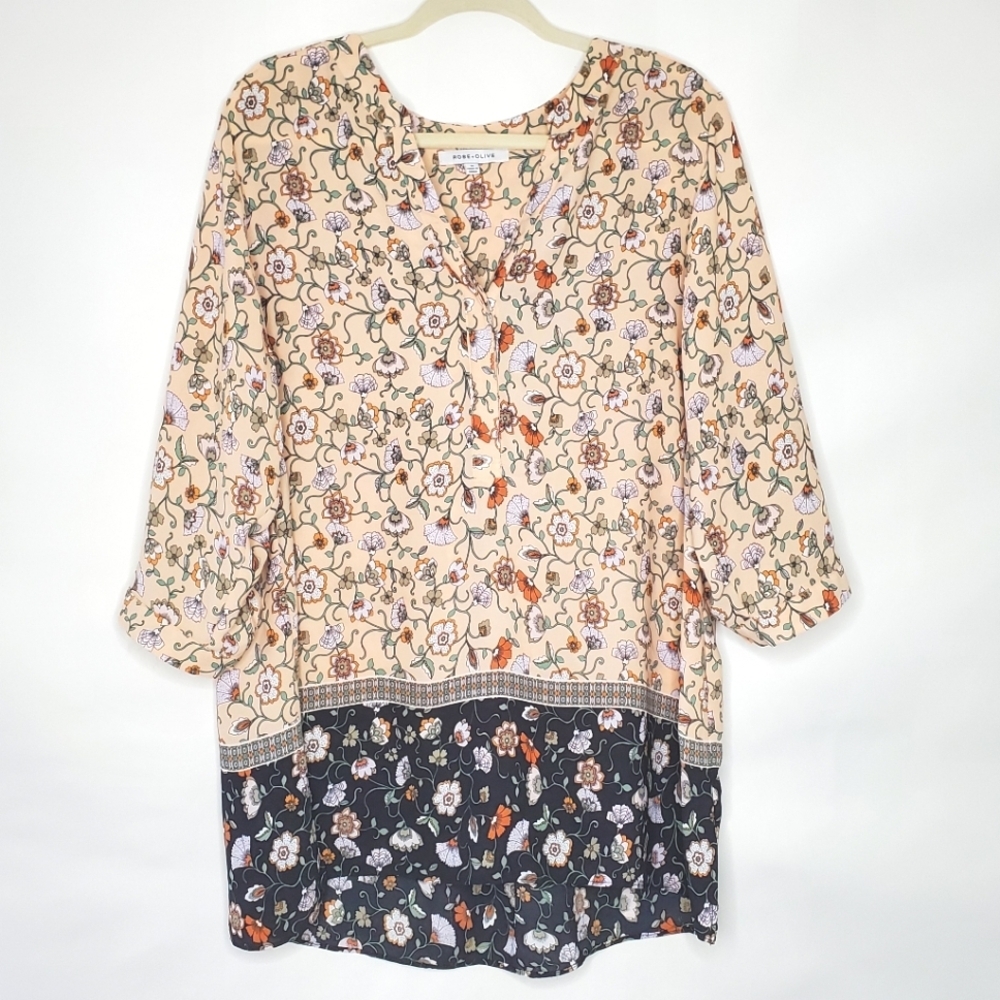 Rose + Olive Contrast Floral Print Tunic Size 1X Lightweight Spring Top Office